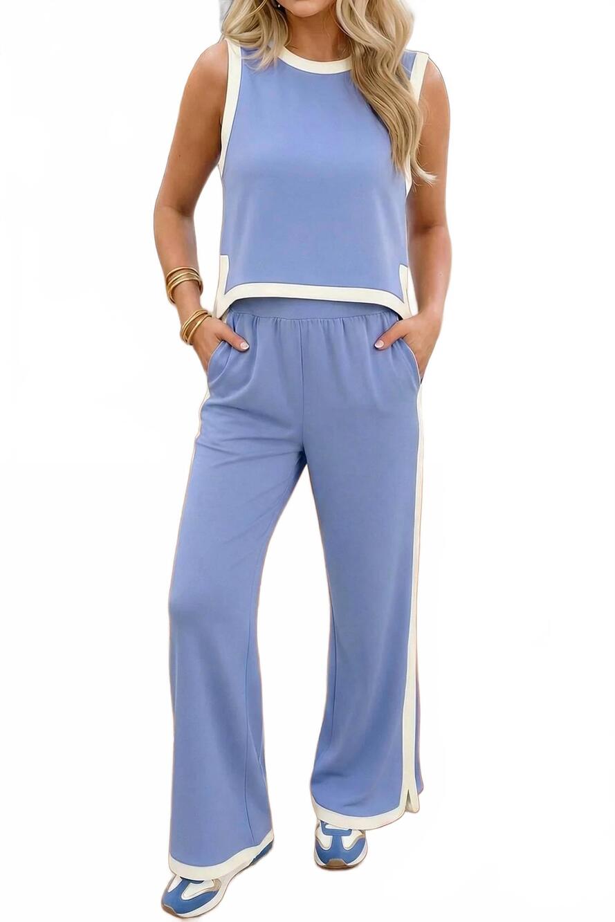 NEW SHEWIN colorblock trim tank elastic waist shift pants set in purple